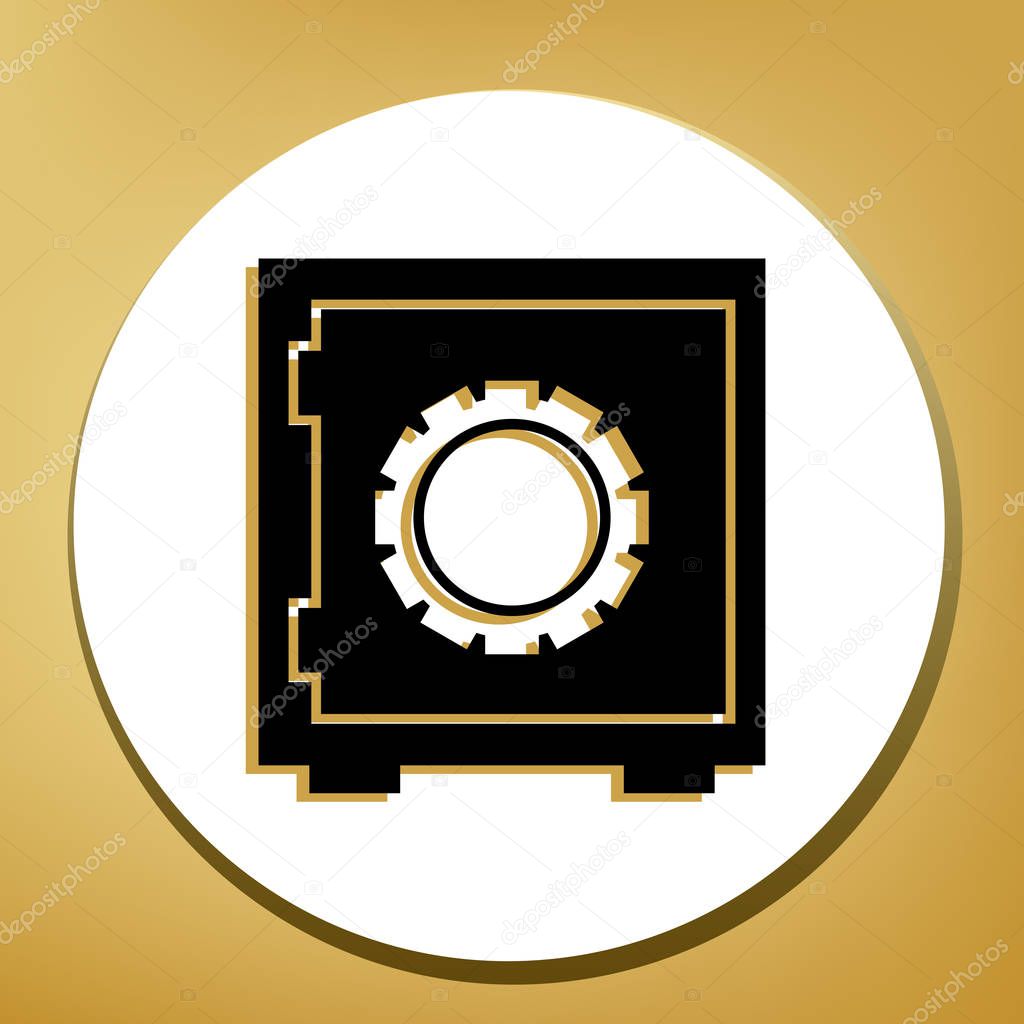 Safe sign illustration, crib, vault, lock box. Vector. Black icon with light brown shadow in white circle with shaped ring at golden background.