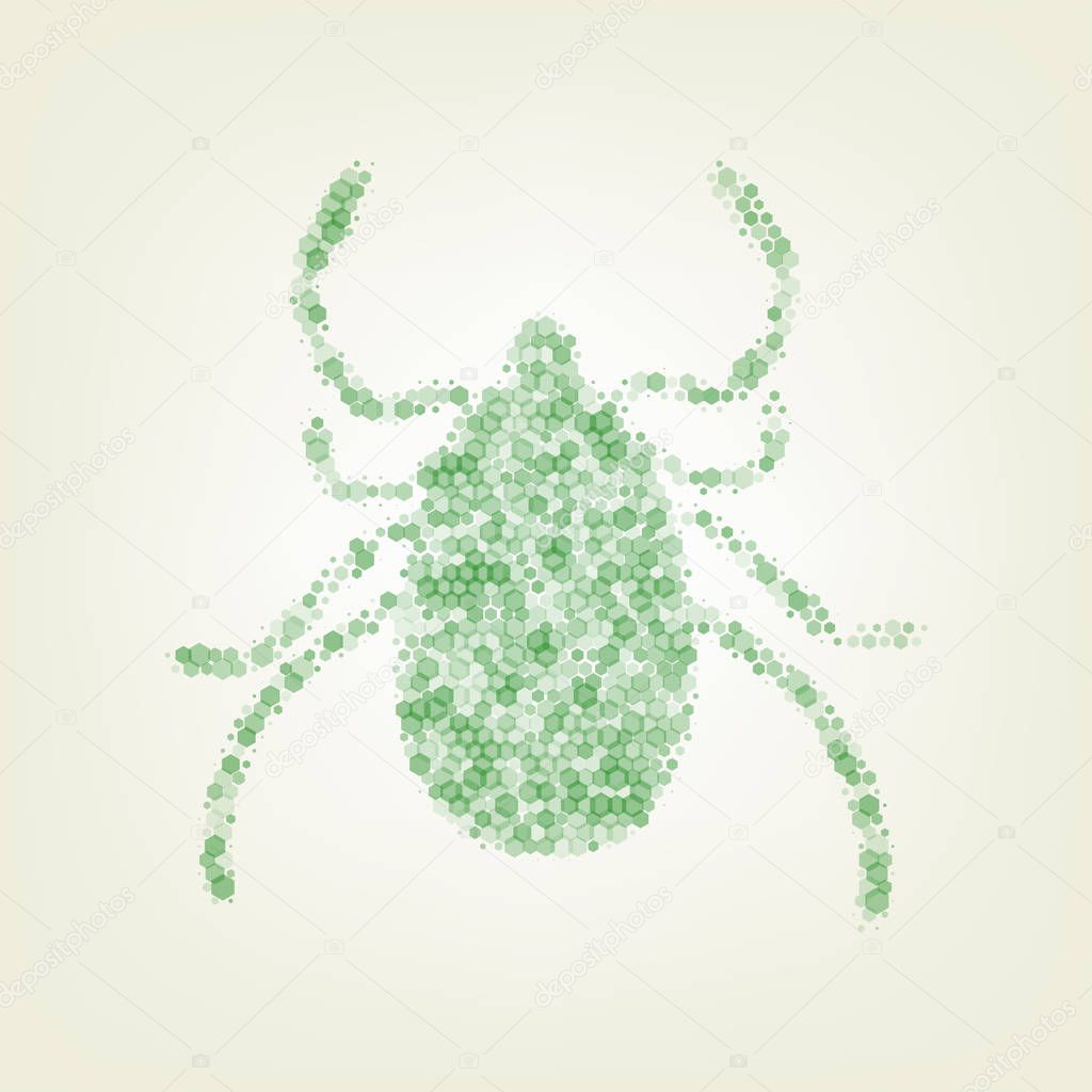 Dust mite sign illustration. Vector. Green hexagon rastered icon and noised opacity and size at light green background with central light.