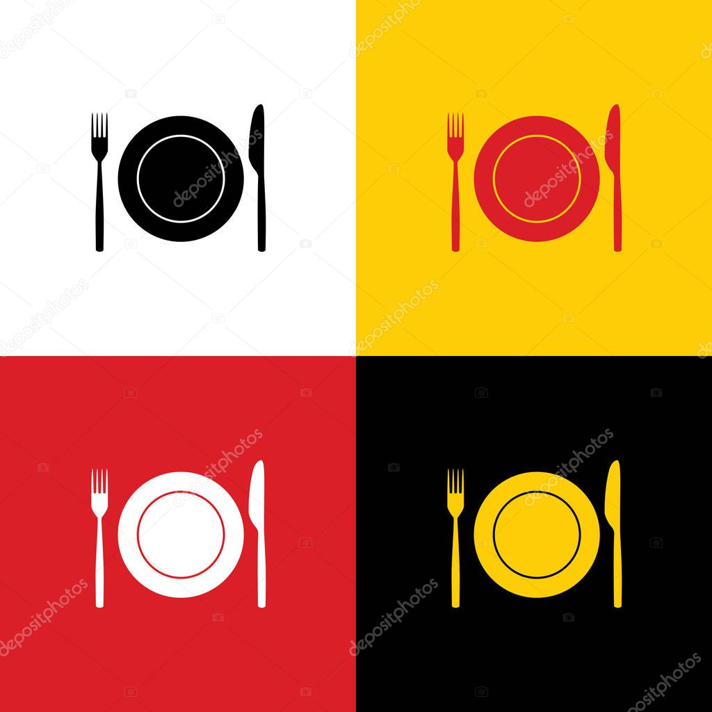 Fork, Knife and Plate sign. Vector. Icons of german flag on corresponding colors as background.