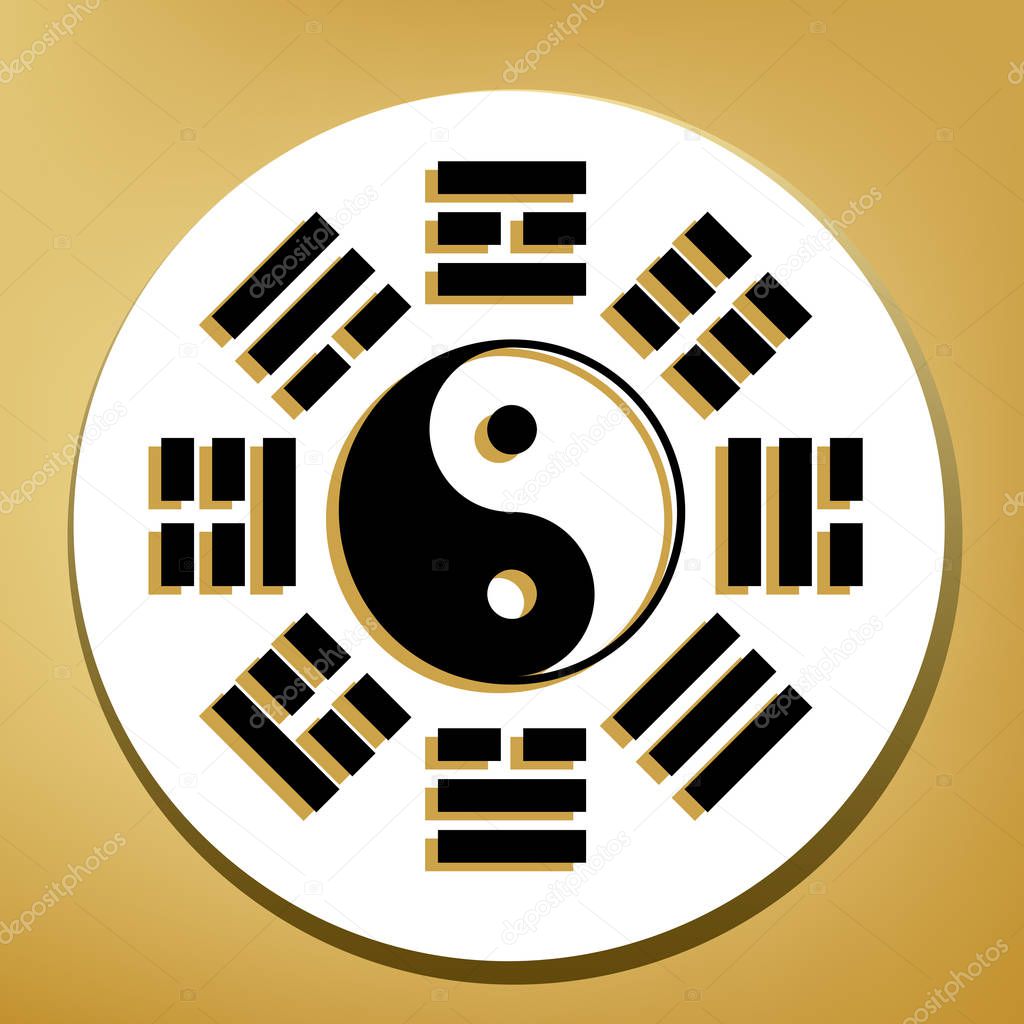 Yin and yang sign with bagua arrangement. Vector. Black icon with light brown shadow in white circle with shaped ring at golden background.