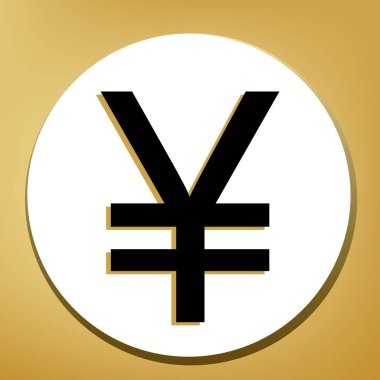 Yen işareti. Vektör. Beyaz daire şeklinde yüzük, altın arka plan ile hafif kahverengi gölgeli siyah simgesi.