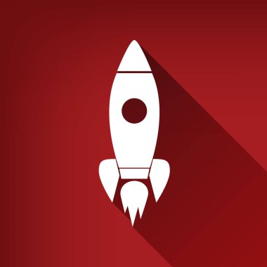 Roket işareti illüstrasyon. Vektör. Yakut kırmızı arka plan, sınırsız gölge beyaz simgesi.