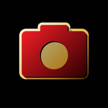 Dijital kamera işareti. Vektör. Küçük siyah ve sınırsız gölgeler, siyah zemin üzerine altın etiket ile kırmızı simge.