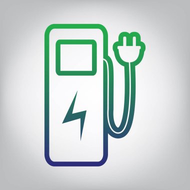 Elektrikli araç şarj istasyonu işareti. Vektör. Yeşil ışık Center'da grimsi arka plan mavi degrade kontur simgesine.