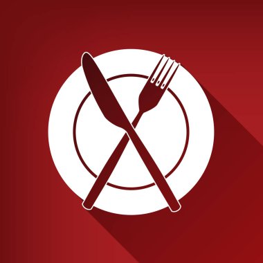 Çatal, bıçak ve plaka işareti. Vektör. Yakut kırmızı arka plan, sınırsız gölge beyaz simgesi.
