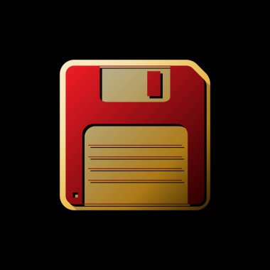 Disket işareti. Vektör. Küçük siyah ve sınırsız gölgeler, siyah zemin üzerine altın etiket ile kırmızı simge.