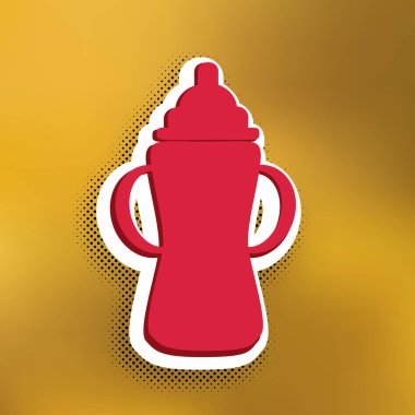 Bebek şişe işareti. Vektör. Altın arka plan üzerinde siyah popart gölge koyu gölge, beyaz etiket ile kırmızı simge.