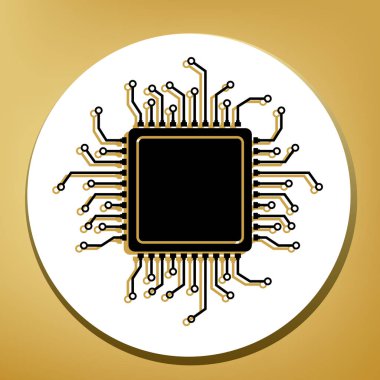 CPU mikroişlemci illüstrasyon. Vektör. Beyaz daire şeklinde yüzük, altın arka plan ile hafif kahverengi gölgeli siyah simgesi.