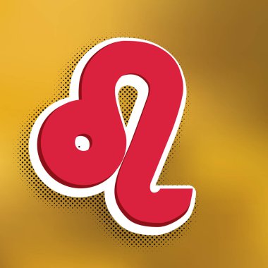 Leo işareti illüstrasyon. Vektör. Altın arka plan üzerinde siyah popart gölge koyu gölge, beyaz etiket ile kırmızı simge.