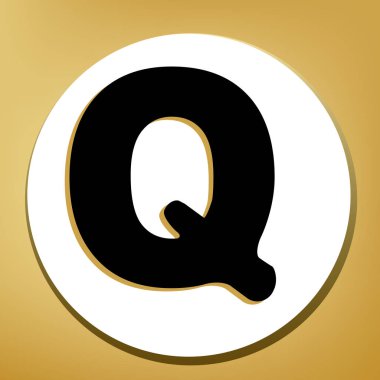 Harf Q işareti şablon öğesi tasarım. Vektör. Beyaz daire şeklinde yüzük, altın arka plan ile hafif kahverengi gölgeli siyah simgesi.