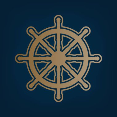 Tekerlek işareti gemi. Vektör. Simge ve koyu mavi arka plan, kenarlık.