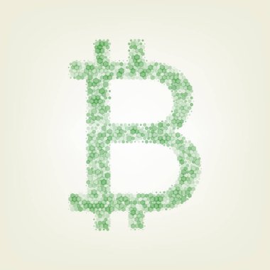 Bitcoin işareti. Vektör. Yeşil altıgen rastered simge ve noised opaklık ve boyut olarak merkezi ışık ile açık yeşil renkli.