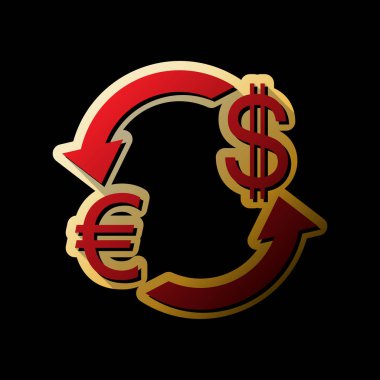 Döviz Alım Satım işareti. Euro ve dolar. Vektör. Küçük siyah ve sınırsız gölgeler, siyah zemin üzerine altın etiket ile kırmızı simge.