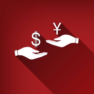 El el üzerinden Döviz Alım Satım. Dolar ve Yuan. Vektör. Yakut kırmızı arka plan, sınırsız gölge beyaz simgesi.