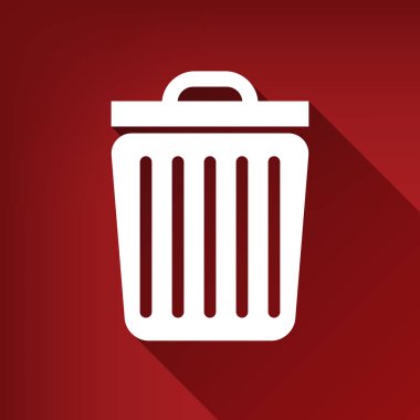 Çöp kutusu işareti illüstrasyon. Vektör. Yakut kırmızı arka plan, sınırsız gölge beyaz simgesi.