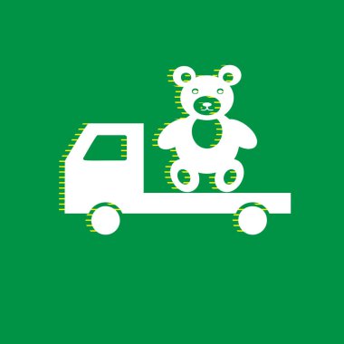 Ayı ile kamyon. Vektör. Yeşil arka plan, sarı çizgili gölge beyaz düz simgesi.