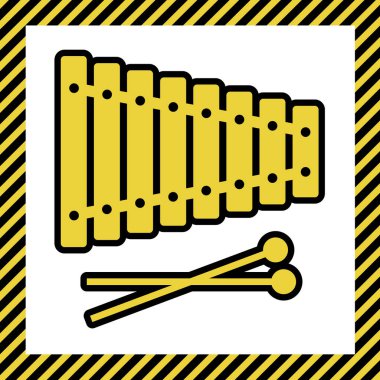 Ksilofon işareti. Vektör. Sıcak sarı simge siyah kontur, beyaz arka plan yapım aşamasında adlý çerçeve ile. İzole.