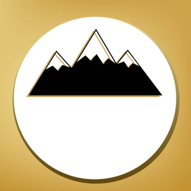 Dağ işareti illüstrasyon. Vektör. Beyaz daire şeklinde yüzük, altın arka plan ile hafif kahverengi gölgeli siyah simgesi.