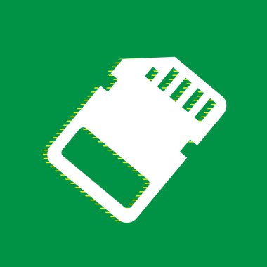 Bellek kartı işareti. Vektör. Yeşil arka plan, sarı çizgili gölge beyaz düz simgesi.