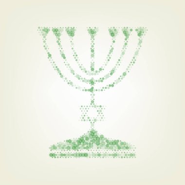 Siyah siluet Yahudi Menorah şamdan. Vektör. Yeşil altıgen rastered simge ve noised opaklık ve boyut olarak merkezi ışık ile açık yeşil renkli.