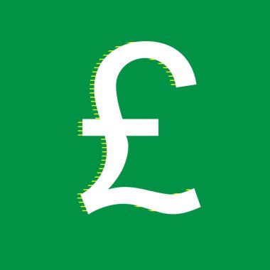 Türk Lirası işareti. Vektör. Yeşil arka plan, sarı çizgili gölge beyaz düz simgesi.