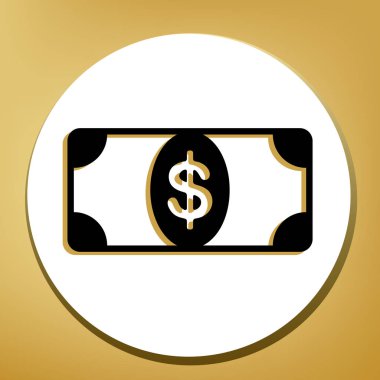 Banknot dolar işareti. Vektör. Beyaz daire şeklinde yüzük, altın arka plan ile hafif kahverengi gölgeli siyah simgesi.