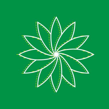 Çiçek işareti. Vektör. Yeşil arka plan, sarı çizgili gölge beyaz düz simgesi.