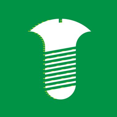 Vida işareti. Vektör. Yeşil arka plan, sarı çizgili gölge beyaz düz simgesi.