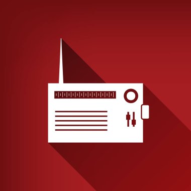 Radyo işareti illüstrasyon. Vektör. Yakut kırmızı arka plan, sınırsız gölge beyaz simgesi.