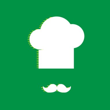 Chef şapka ve bıyık oturum açın. Vektör. Yeşil arka plan, sarı çizgili gölge beyaz düz simgesi.