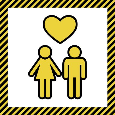 Aile simgesi kalp ile. Karı koca birbirlerinin ellerini tutulur. Seviyorum. Vektör. Sıcak sarı simge siyah kontur, beyaz arka plan yapım aşamasında adlý çerçeve ile. İzole.