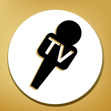 TV mikrofon işaret illüstrasyon. Vektör. Beyaz daire şeklinde yüzük, altın arka plan ile hafif kahverengi gölgeli siyah simgesi.