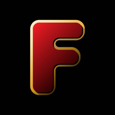 F harfi işareti şablon öğesi tasarım. Vektör. Küçük siyah ve sınırsız gölgeler, siyah zemin üzerine altın etiket ile kırmızı simge.