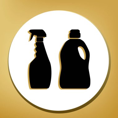 Ev kimya işareti şişe. Vektör. Beyaz daire şeklinde yüzük, altın arka plan ile hafif kahverengi gölgeli siyah simgesi.