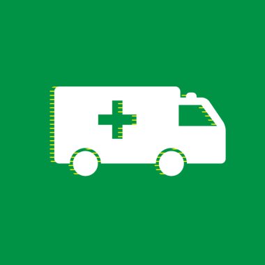 Ambulans işareti illüstrasyon. Vektör. Yeşil arka plan, sarı çizgili gölge beyaz düz simgesi.