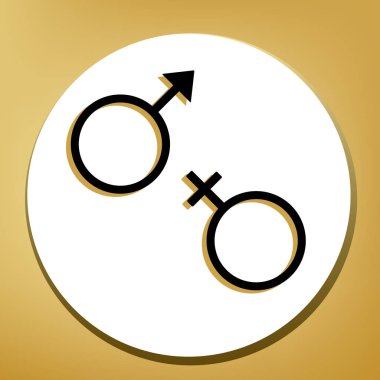Seks sembolü işareti. Vektör. Beyaz daire şeklinde yüzük, altın arka plan ile hafif kahverengi gölgeli siyah simgesi.