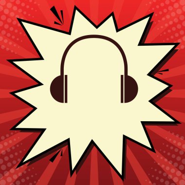 Kulaklık illüstrasyon işareti. Vektör. Limon şifon çekim kabarcığın ışınları ile kırmızı popart arka plan, koyu kırmızı simge.