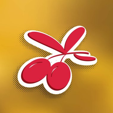 Zeytin illüstrasyon işareti. Vektör. Altın arka plan üzerinde siyah popart gölge koyu gölge, beyaz etiket ile kırmızı simge.