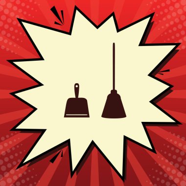 Faraş işareti. Çöp ev işi faraş ekipman temizleme için kepçe. Vektör. Limon şifon çekim kabarcığın ışınları ile kırmızı popart arka plan, koyu kırmızı simge.