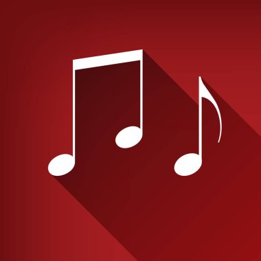 Müzik işareti notlar. Vektör. Yakut kırmızı arka plan, sınırsız gölge beyaz simgesi.