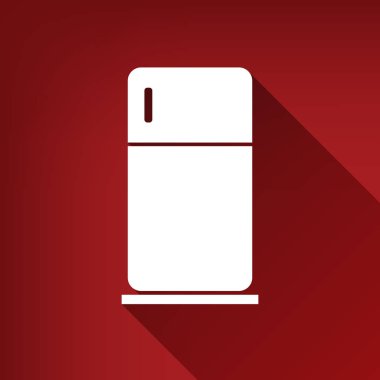 Buzdolabı işareti illüstrasyon. Vektör. Yakut kırmızı arka plan, sınırsız gölge beyaz simgesi.