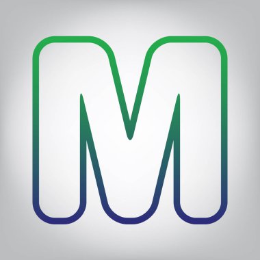 Harf M işareti şablon öğesi tasarım. Vektör. Yeşil ışık Center'da grimsi arka plan mavi degrade kontur simgesine.