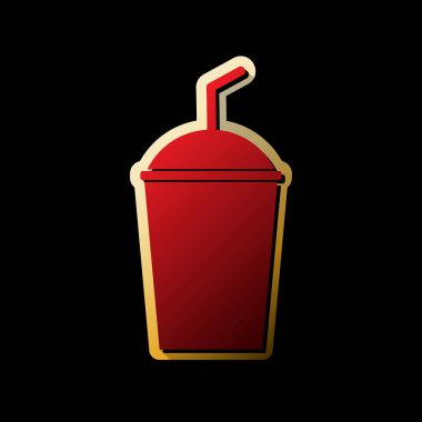 Soda işareti. Vektör. Küçük siyah ve sınırsız gölgeler, siyah zemin üzerine altın etiket ile kırmızı simge.