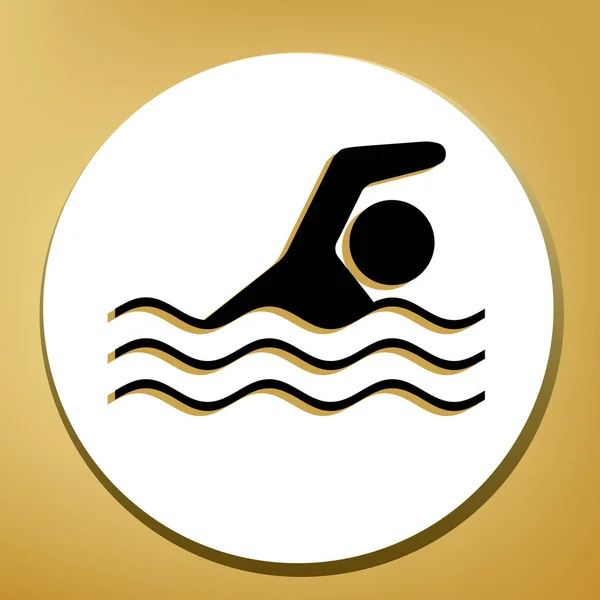 Swimming water sport sign. Vector. Black icon with light brown shadow in white circle with shaped ring at golden background.