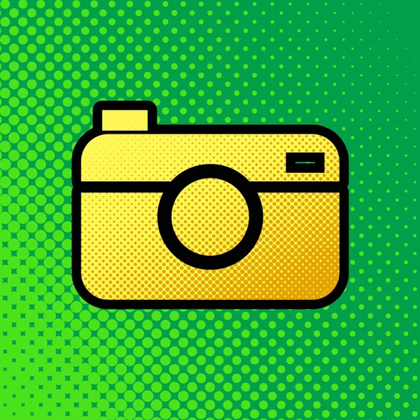 Digital photo camera sign. Vector. Pop art orange to yellow dots-gradient icon with black contour at greenish background.