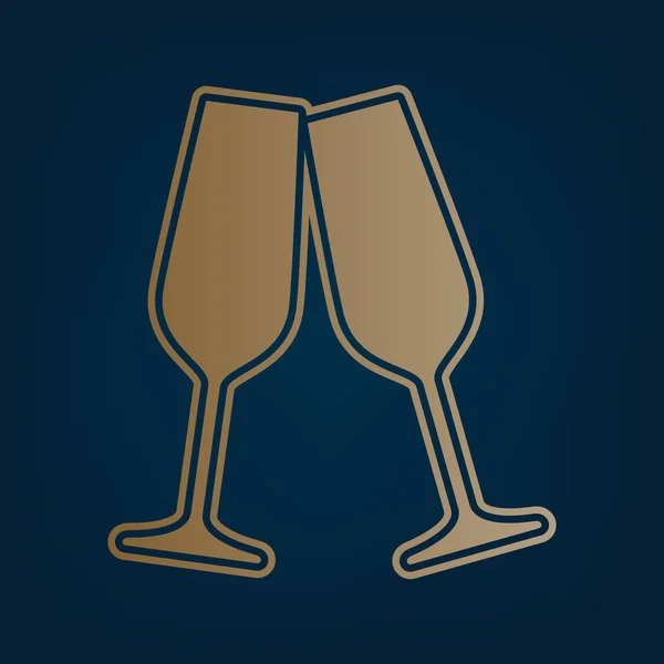 Verres Champagne Pétillants Vecteur Icône Dorée Bordure Fond Cyan Foncé — Image vectorielle