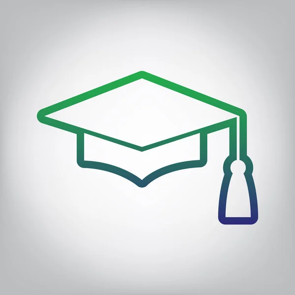 砂浆板或毕业帽 教育标志 绿色到蓝色渐变轮廓图标在灰色背景与光在中心 — 图库矢量图片