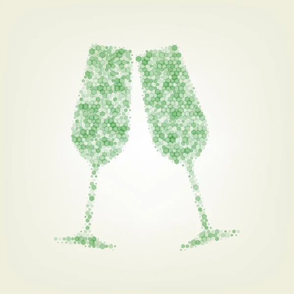 闪闪发光的香槟杯 绿色六边形拉线图标和噪声的不透明度和大小在浅绿色背景与中心光 — 图库矢量图片