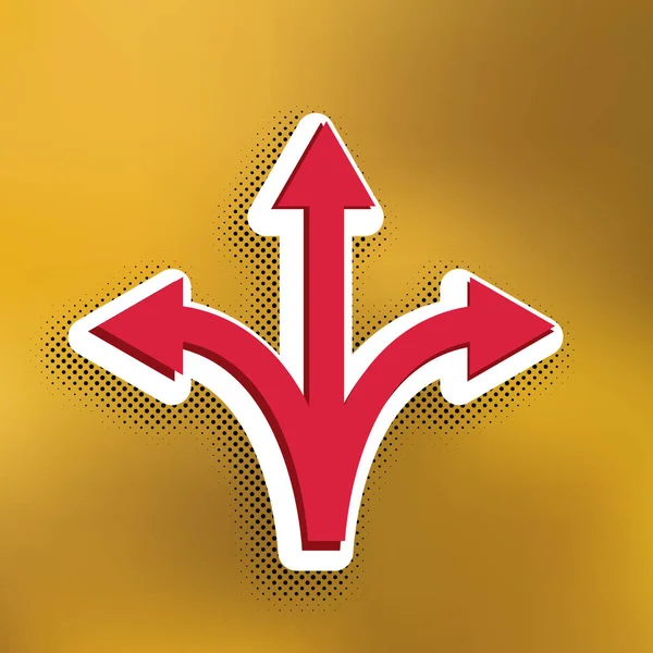 三通方向箭头符号 洋红色图标与较深的阴影 白色贴纸和黑色的流行阴影在金色的背景 — 图库矢量图片