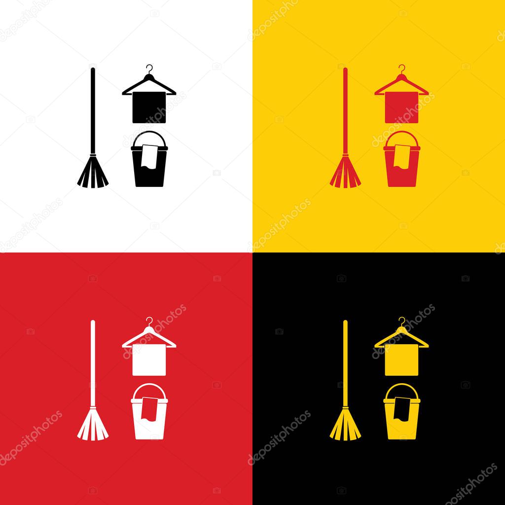 Broom, bucket and hanger sign. Vector. Icons of german flag on corresponding colors as background.